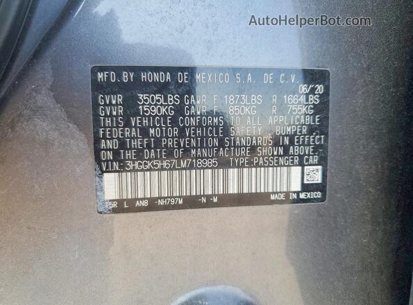 3HGGK5H67LM718985 2020 HONDA FIT Gray Widok naklejki z numerem VIN