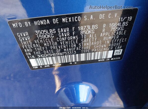 3HGGK5H81KM753313 2019 HONDA FIT Blue 