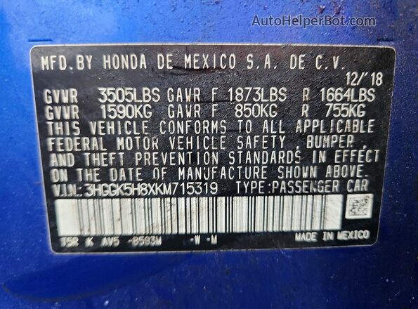 3HGGK5H8XKM715319 2019 HONDA FIT Синий 