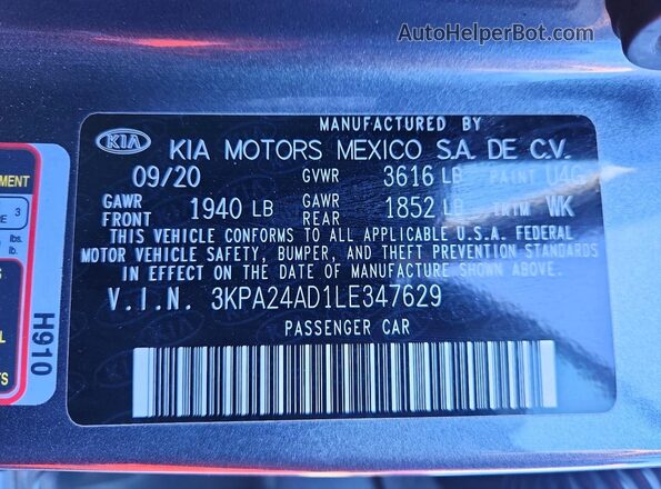 3KPA24AD1LE347629 2020 KIA RIO Gray VIN կոդի պիտակի տեսք