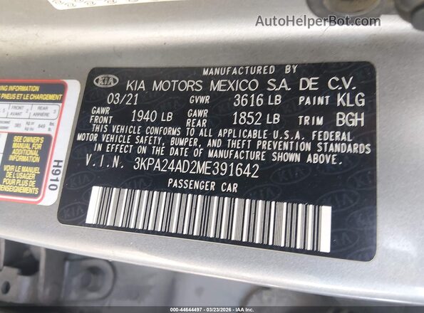 3KPA24AD2ME391642 2021 KIA RIO Gray 
