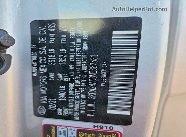 3KPA24AD3ME382531 2021 KIA RIO Silver Շարժիչի բաժամունքի տեսք