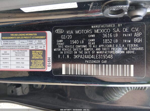 3KPA24AD4LE319548 2020 KIA RIO Black Вид підкапотного простору