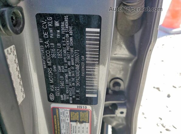 3KPA24AD4ME386071 2021 KIA RIO Gray VIN კოდის სტიკერის ხედი