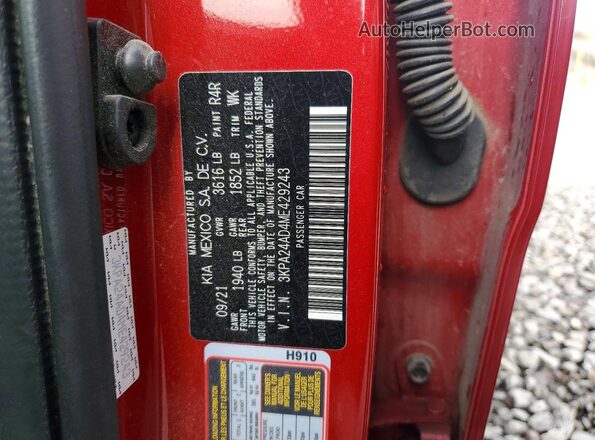3KPA24AD4ME429243 2021 KIA RIO Red VIN sticker view