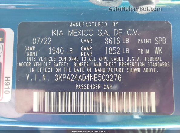 3KPA24AD4NE503276 2022 KIA RIO Синий Вид подкапотного пространства