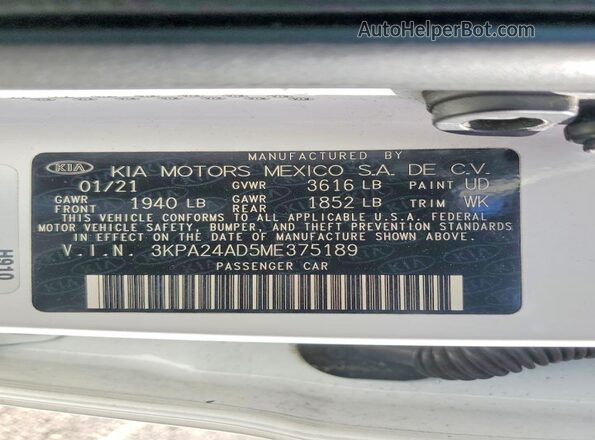 3KPA24AD5ME375189 2021 KIA RIO White Widok naklejki z numerem VIN