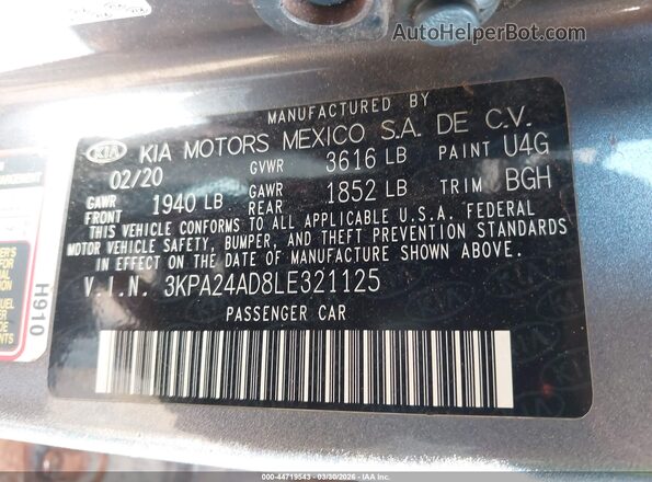 3KPA24AD8LE321125 2020 KIA RIO Gray Вид підкапотного простору