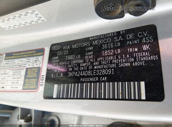 3KPA24AD8LE328091 2020 KIA RIO Silver Շարժիչի բաժամունքի տեսք