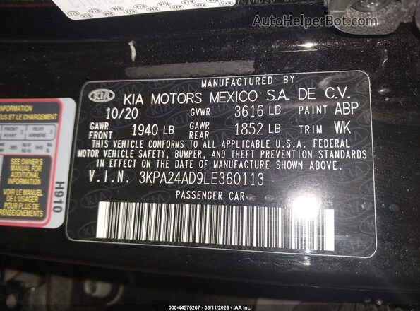 3KPA24AD9LE360113 2020 KIA RIO Black Շարժիչի բաժամունքի տեսք