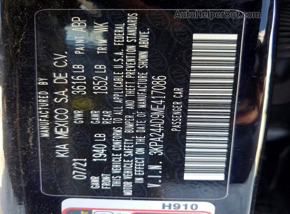 3KPA24AD9ME417086 2021 KIA RIO Black Engine compartment view