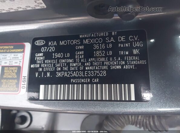 3KPA25AD3LE337528 2020 KIA RIO 5-DOOR Gray ძრავის განყოფილების ხედი