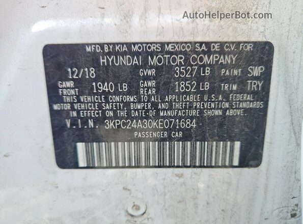3KPC24A30KE071684 2019 HYUNDAI ACCENT White Вид підкапотного простору