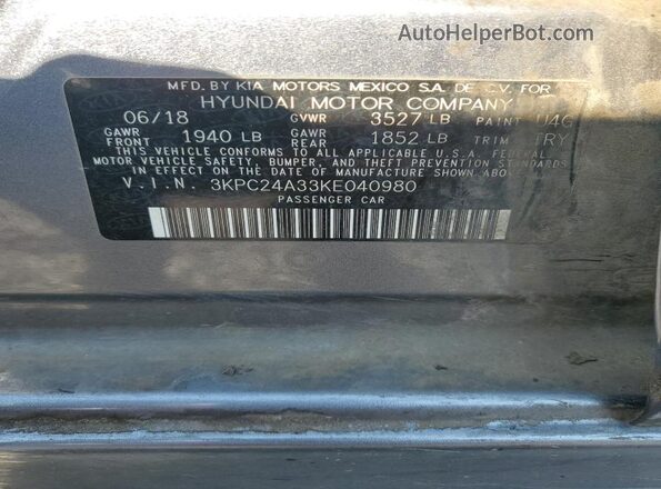 3KPC24A33KE040980 2019 HYUNDAI ACCENT Gray 