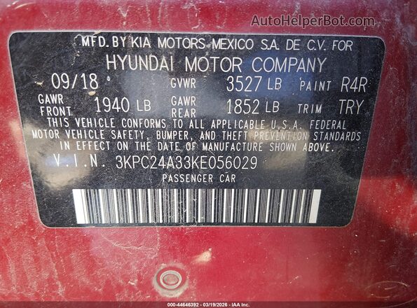 3KPC24A33KE056029 2019 HYUNDAI ACCENT Red Widok komory silnika