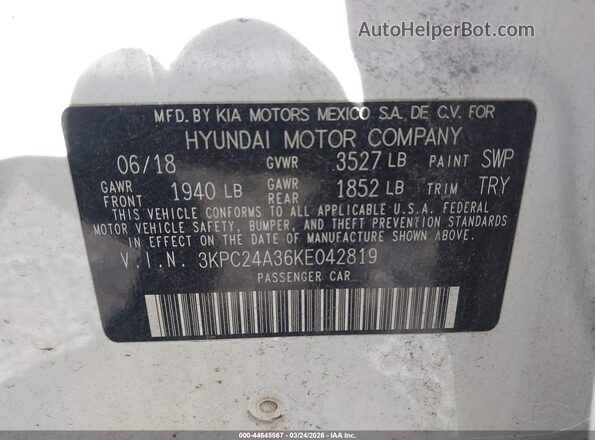 3KPC24A36KE042819 2019 HYUNDAI ACCENT White 