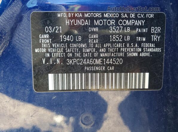 3KPC24A60ME144520 2021 HYUNDAI ACCENT Blue 