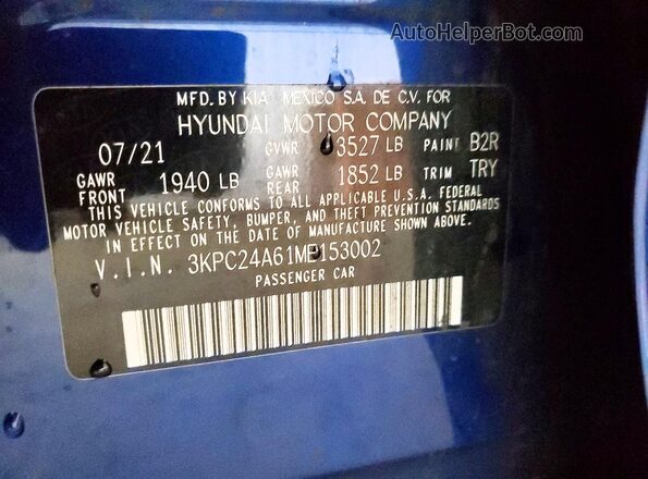 3KPC24A61ME153002 2021 HYUNDAI ACCENT Blue Widok komory silnika