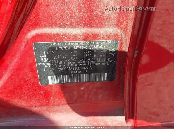 3KPC24A62LE106513 2020 HYUNDAI ACCENT Red Vista del compartimento del motor