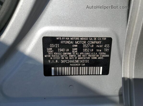 3KPC24A62ME143191 2021 HYUNDAI ACCENT Silver ძრავის განყოფილების ხედი