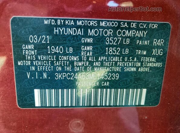 3KPC24A63ME145239 2021 HYUNDAI ACCENT Red 
