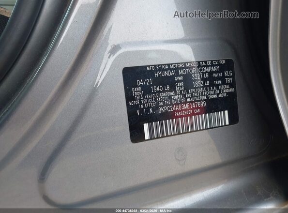 3KPC24A63ME147699 2021 HYUNDAI ACCENT Gray 