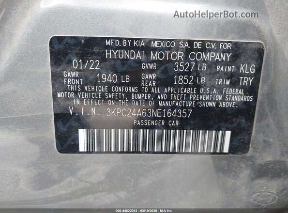3KPC24A63NE164357 2022 HYUNDAI ACCENT Gray Engine compartment view