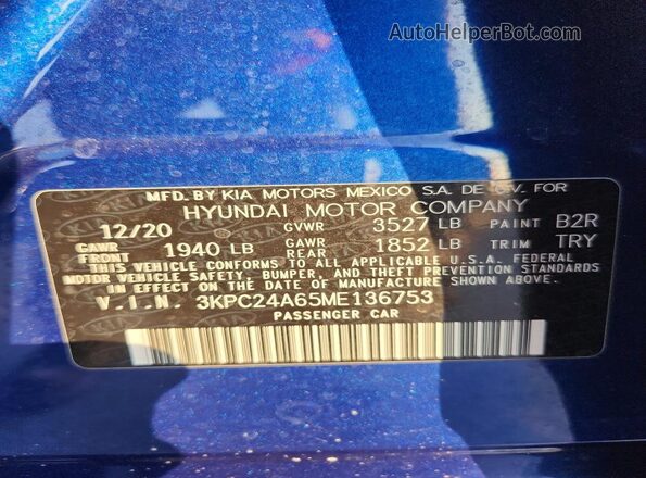 3KPC24A65ME136753 2021 HYUNDAI ACCENT Blue ძრავის განყოფილების ხედი