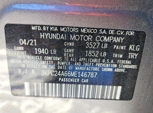 3KPC24A66ME146787 2021 HYUNDAI ACCENT Gray Շարժիչի բաժամունքի տեսք