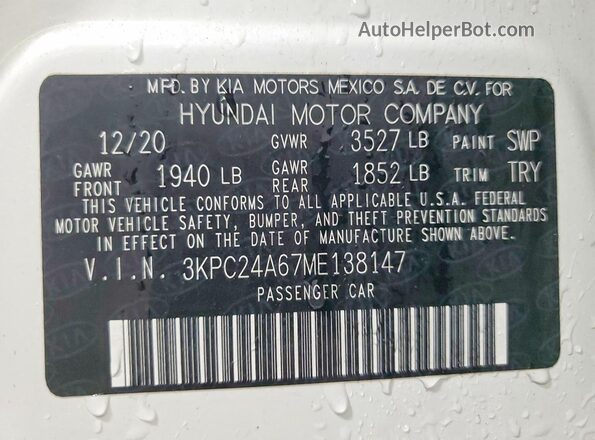 3KPC24A67ME138147 2021 HYUNDAI ACCENT Белый Вид наклейки с VIN-кодом