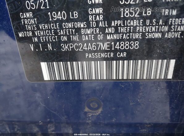 3KPC24A67ME148838 2021 HYUNDAI ACCENT Blue Vista del compartimento del motor
