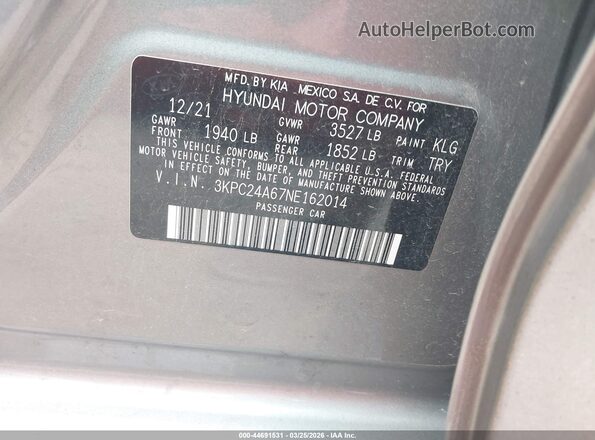 3KPC24A67NE162014 2022 HYUNDAI ACCENT Silver 
