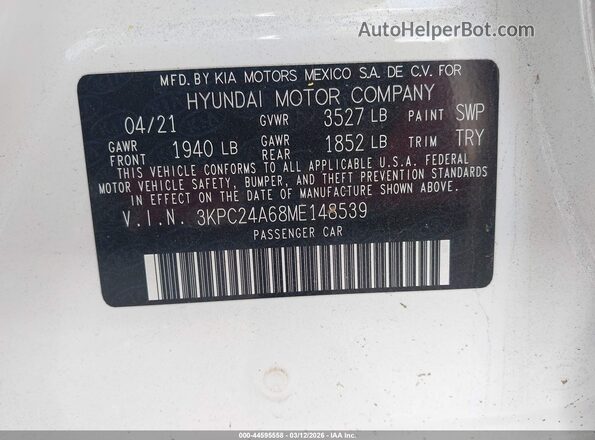 3KPC24A68ME148539 2021 HYUNDAI ACCENT Белый Вид подкапотного пространства