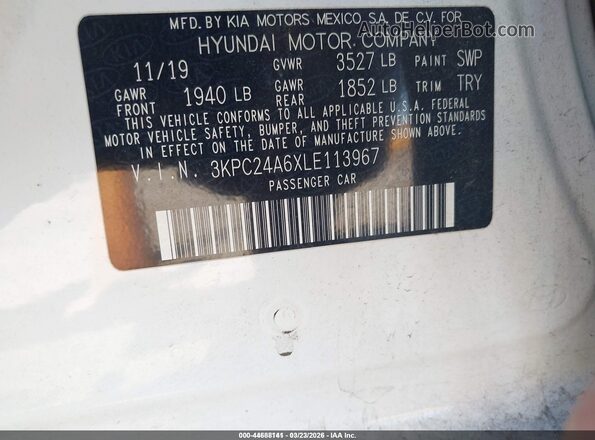 3KPC24A6XLE113967 2020 HYUNDAI ACCENT White Widok komory silnika