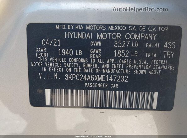 3KPC24A6XME147232 2021 HYUNDAI ACCENT Silver ძრავის განყოფილების ხედი