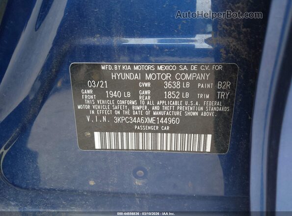 3KPC34A6XME144960 2021 HYUNDAI ACCENT Blue Widok naklejki z numerem VIN