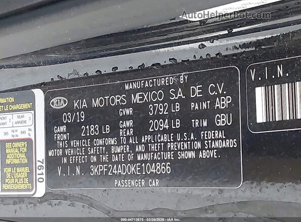 3KPF24AD0KE104866 2019 KIA FORTE Черный Вид подкапотного пространства