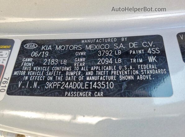 3KPF24AD0LE143510 2020 KIA FORTE Silver VIN sticker view