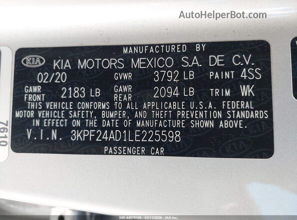 3KPF24AD1LE225598 2020 KIA FORTE Silver 