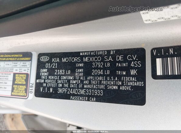 3KPF24AD2ME331933 2021 KIA FORTE Silver Շարժիչի բաժամունքի տեսք