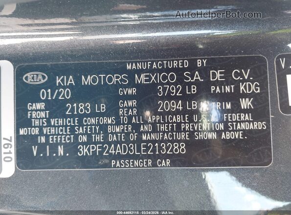 3KPF24AD3LE213288 2020 KIA FORTE Gray ძრავის განყოფილების ხედი