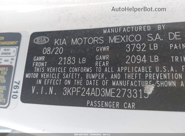 3KPF24AD3ME273315 2021 KIA FORTE White Vista del compartimento del motor
