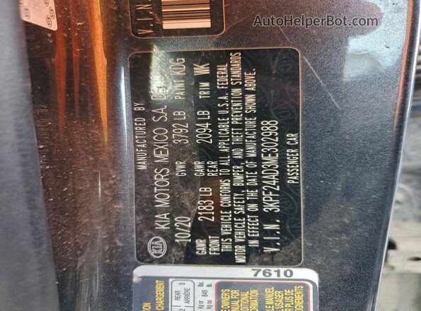 3KPF24AD3ME302988 2021 KIA FORTE Charcoal VIN կոդի պիտակի տեսք