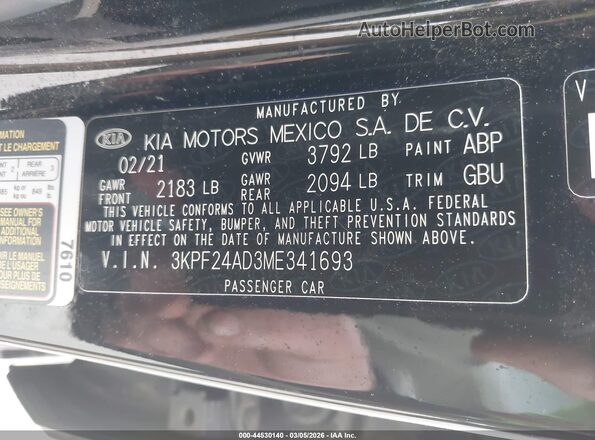 3KPF24AD3ME341693 2021 KIA FORTE Black Շարժիչի բաժամունքի տեսք