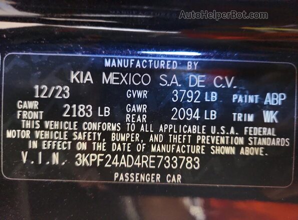 3KPF24AD4RE733783 2024 KIA FORTE Black Widok naklejki z numerem VIN