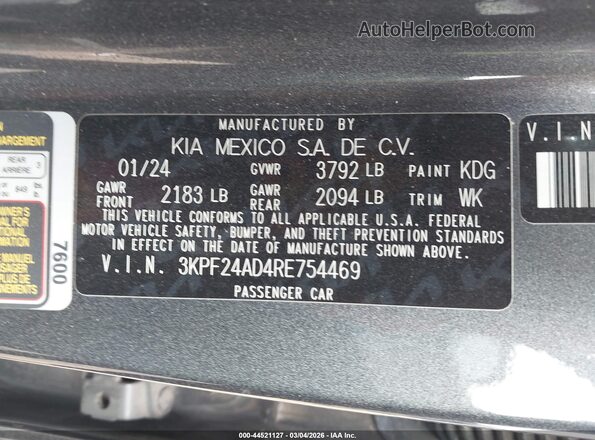 3KPF24AD4RE754469 2024 KIA FORTE Gray Widok komory silnika