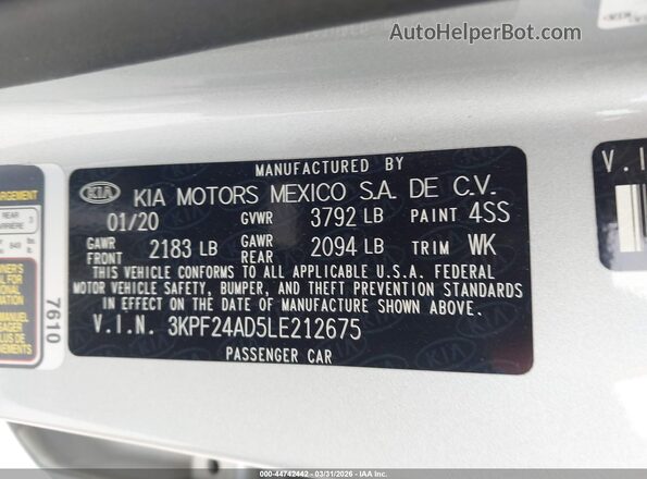 3KPF24AD5LE212675 2020 KIA FORTE Серебряный Вид подкапотного пространства