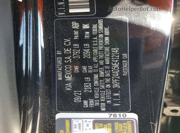 3KPF24AD5ME412148 2021 KIA FORTE Black VIN sticker view