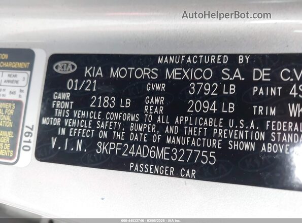 3KPF24AD6ME327755 2021 KIA FORTE Silver Вид підкапотного простору