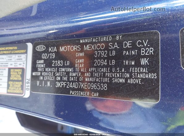 3KPF24AD7KE096538 2019 KIA FORTE Синий 